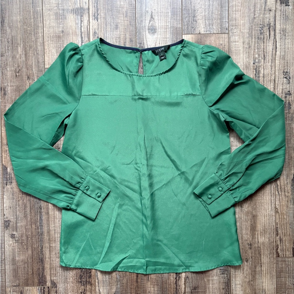 J. Crew Green Long-Sleeve Blouse with Puffed Shoulder and Button Detail